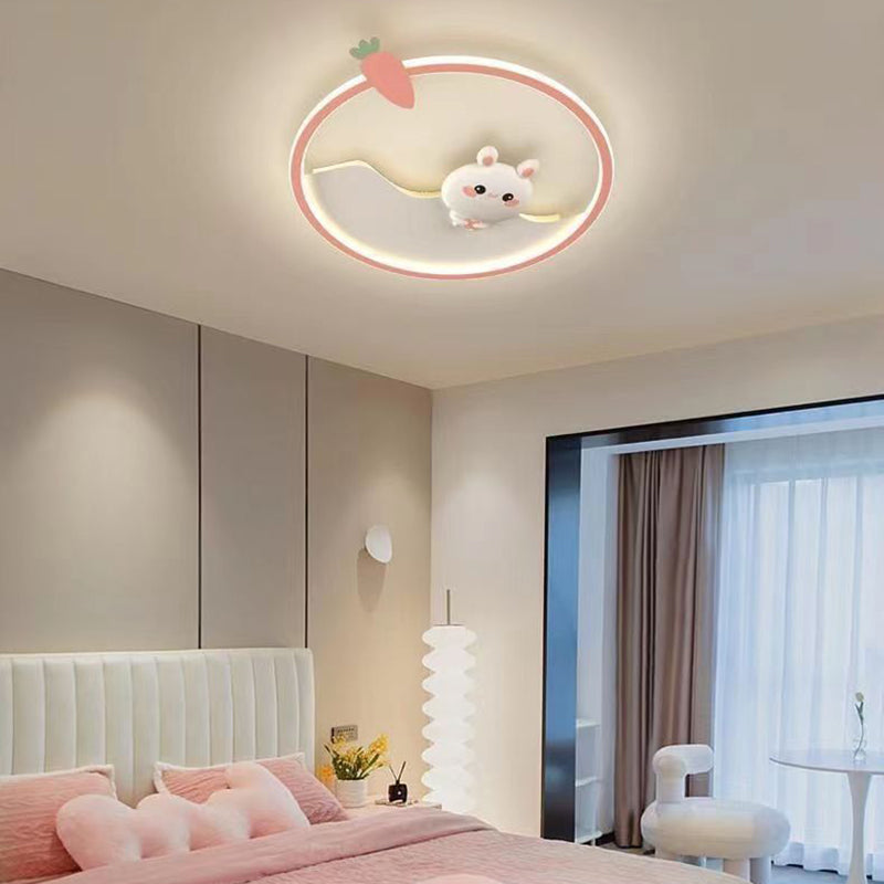 Contemporary Scandinavian Cartoon Cute Rabbit Round Dome Hardware Acrylic LED Flush Mount Ceiling Light For Bedroom