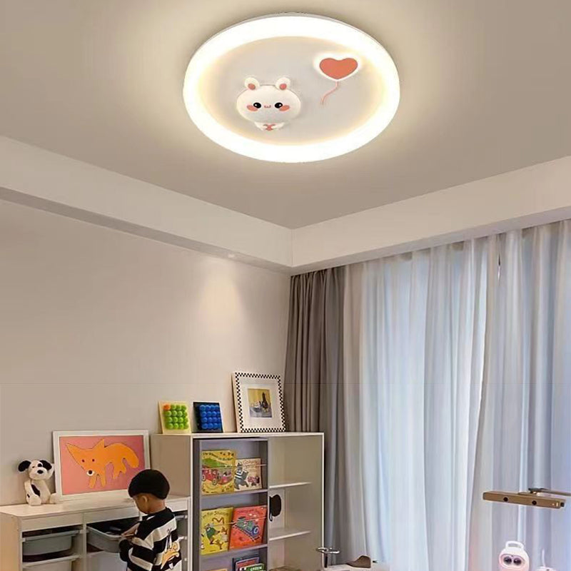 Contemporary Scandinavian Cartoon Cute Rabbit Round Dome Hardware Acrylic LED Flush Mount Ceiling Light For Bedroom