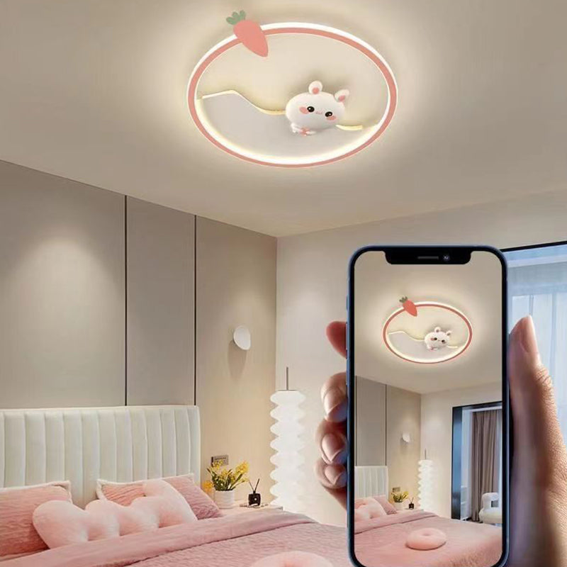 Contemporary Scandinavian Cartoon Cute Rabbit Round Dome Hardware Acrylic LED Flush Mount Ceiling Light For Bedroom