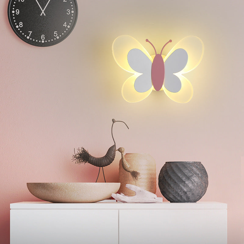 Contemporary Creative Cartoon Butterfly Shape Iron Acrylic LED Wall Sconce Lamp For Bedroom