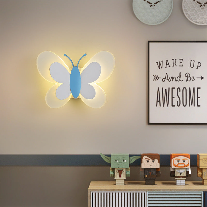 Contemporary Creative Cartoon Butterfly Shape Iron Acrylic LED Wall Sconce Lamp For Bedroom