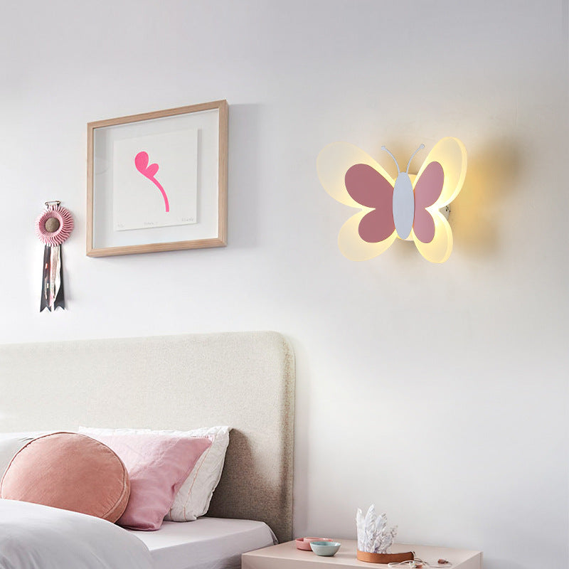 Contemporary Creative Cartoon Butterfly Shape Iron Acrylic LED Wall Sconce Lamp For Bedroom