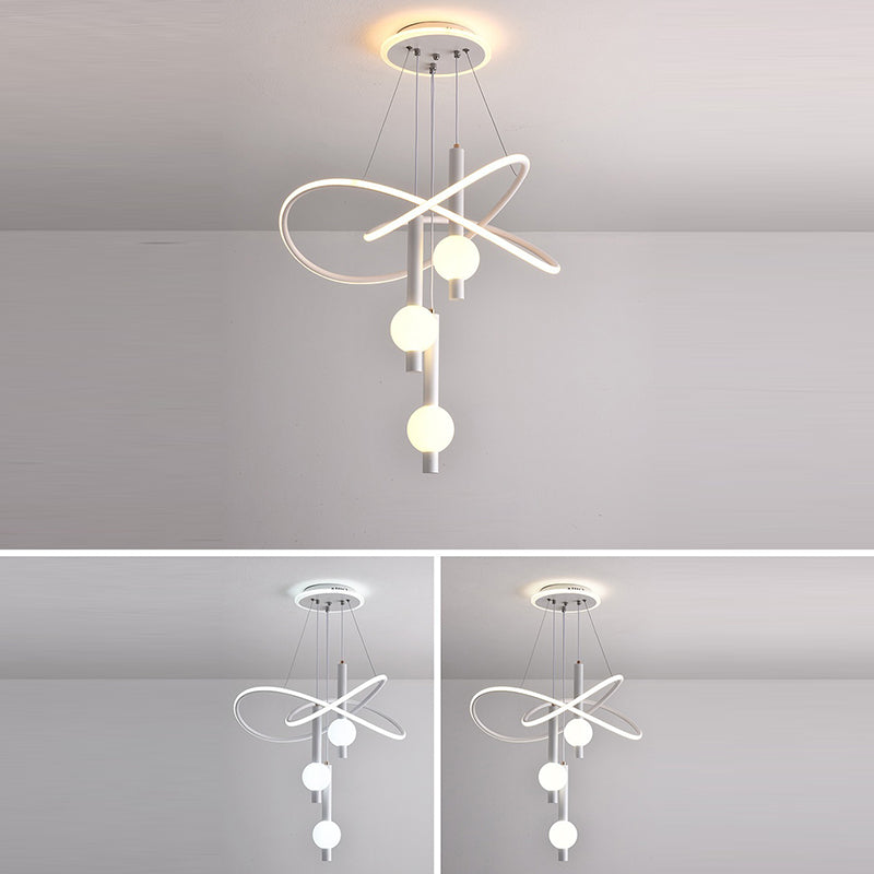 Contemporary Scandinavian Cylinder Orb Curve Aluminum Iron Acrylic LED Chandelier For Bedroom