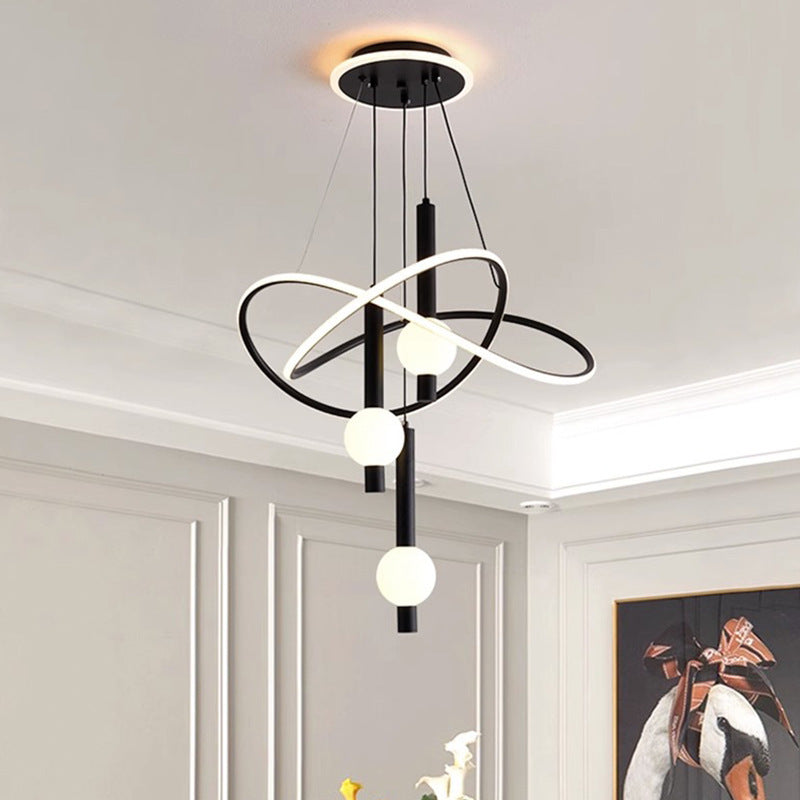 Contemporary Scandinavian Cylinder Orb Curve Aluminum Iron Acrylic LED Chandelier For Bedroom