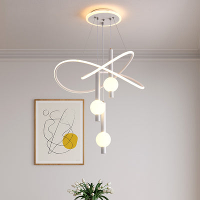 Contemporary Scandinavian Cylinder Orb Curve Aluminum Iron Acrylic LED Chandelier For Bedroom