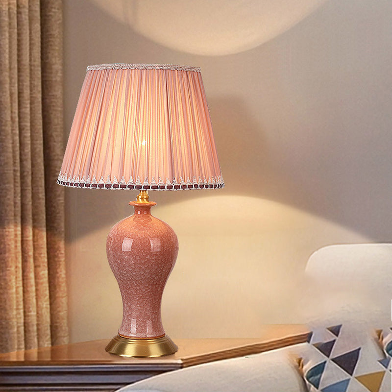 Traditional Chinese Round Cylinder Ceramic Fabric 1-Light Table Lamp For Bedroom