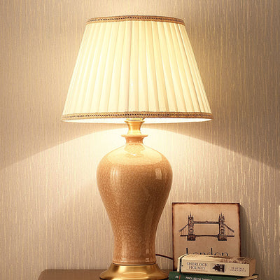 Traditional Chinese Vase Shape Round Cylinder Ceramic Fabric 1-Light Table Lamp For Bedroom