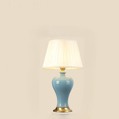 Traditional Chinese Vase Shape Round Cylinder Ceramic Fabric 1-Light Table Lamp For Bedroom