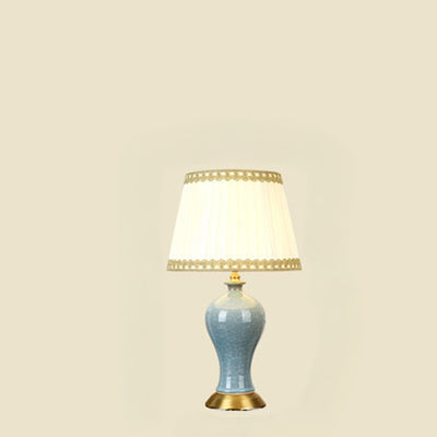 Traditional Chinese Vase Shape Round Cylinder Ceramic Fabric 1-Light Table Lamp For Bedroom