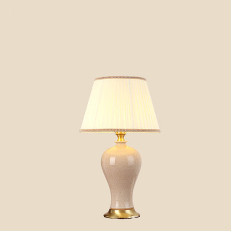 Traditional Chinese Vase Shape Round Cylinder Ceramic Fabric 1-Light Table Lamp For Bedroom