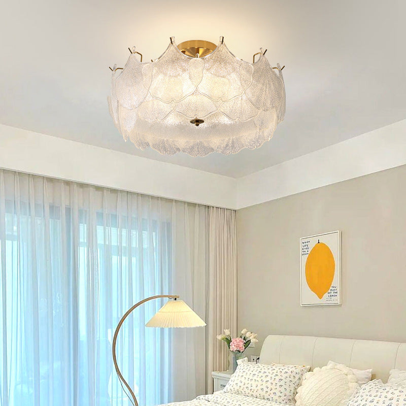 Traditional French Cream Maple Leaf Round Hardware Glass 5/8 Light Semi-Flush Mount Ceiling Light For Bedroom