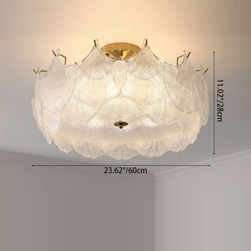 Traditional French Cream Maple Leaf Round Hardware Glass 5/8 Light Semi-Flush Mount Ceiling Light For Bedroom