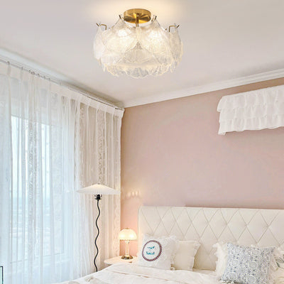 Traditional French Cream Maple Leaf Round Hardware Glass 5/8 Light Semi-Flush Mount Ceiling Light For Bedroom