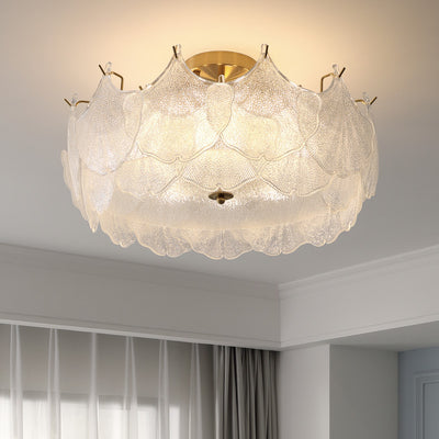 Traditional French Cream Maple Leaf Round Hardware Glass 5/8 Light Semi-Flush Mount Ceiling Light For Bedroom