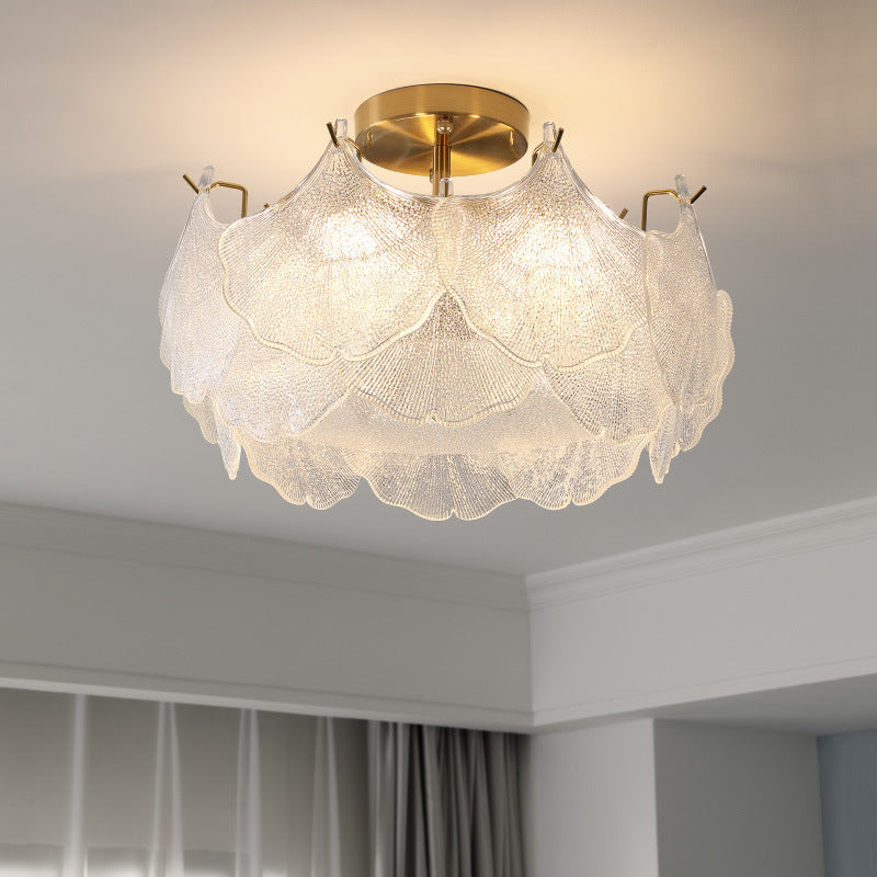 Traditional French Cream Maple Leaf Round Hardware Glass 5/8 Light Semi-Flush Mount Ceiling Light For Bedroom