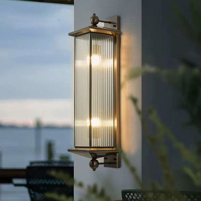 Traditional Chinese Waterproof Rectangle Copper Glass 1/2 Light Wall Sconce Lamp For Outdoor