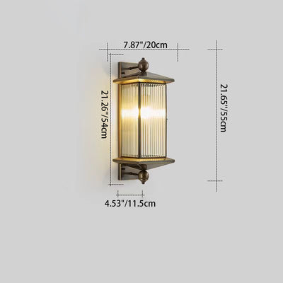 Traditional Chinese Waterproof Rectangle Copper Glass 1/2 Light Wall Sconce Lamp For Outdoor