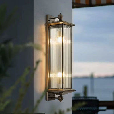 Traditional Chinese Waterproof Rectangle Copper Glass 1/2 Light Wall Sconce Lamp For Outdoor