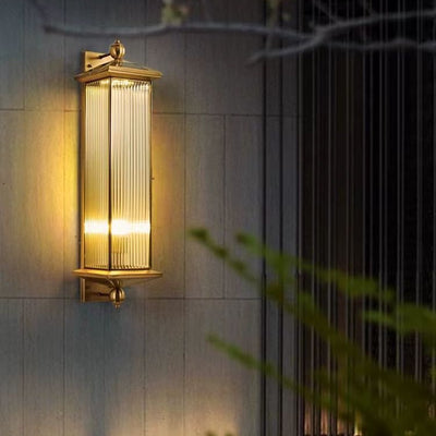 Traditional Chinese Waterproof Rectangle Copper Glass 1/2 Light Wall Sconce Lamp For Outdoor