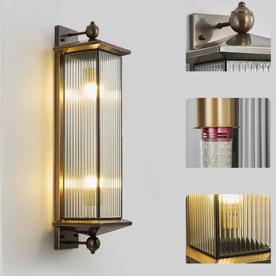 Traditional Chinese Waterproof Rectangle Copper Glass 1/2 Light Wall Sconce Lamp For Outdoor