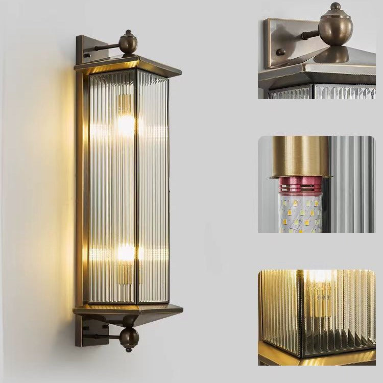 Traditional Chinese Waterproof Rectangle Copper Glass 1/2 Light Wall Sconce Lamp For Outdoor