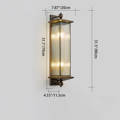 Traditional Chinese Waterproof Rectangle Copper Glass 1/2 Light Wall Sconce Lamp For Outdoor