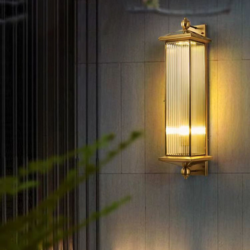 Traditional Chinese Waterproof Rectangle Copper Glass 1/2 Light Wall Sconce Lamp For Outdoor