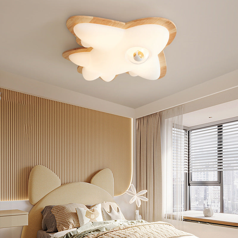 Contemporary Creative Cartoon Airplane Shape Iron Rubberwood Acrylic LED Flush Mount Ceiling Light For Bedroom