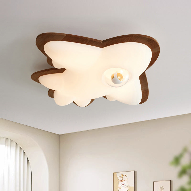 Contemporary Creative Cartoon Airplane Shape Iron Rubberwood Acrylic LED Flush Mount Ceiling Light For Bedroom