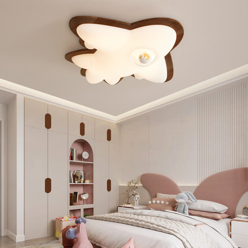 Contemporary Creative Cartoon Airplane Shape Iron Rubberwood Acrylic LED Flush Mount Ceiling Light For Bedroom