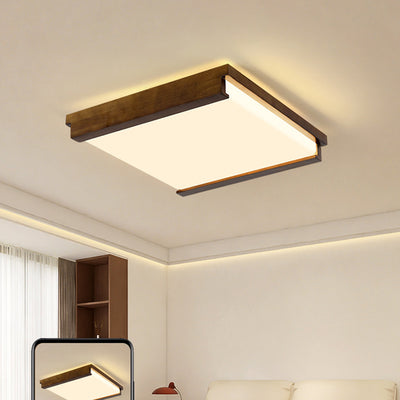 Modern Minimalist Square Rectangle Rubberwood Acrylic LED Flush Mount Ceiling Light For Bedroom