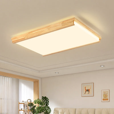 Modern Minimalist Square Rectangle Rubberwood Acrylic LED Flush Mount Ceiling Light For Bedroom