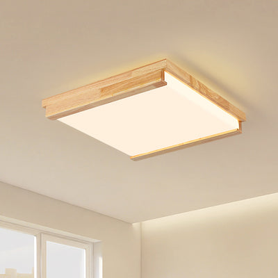 Modern Minimalist Square Rectangle Rubberwood Acrylic LED Flush Mount Ceiling Light For Bedroom