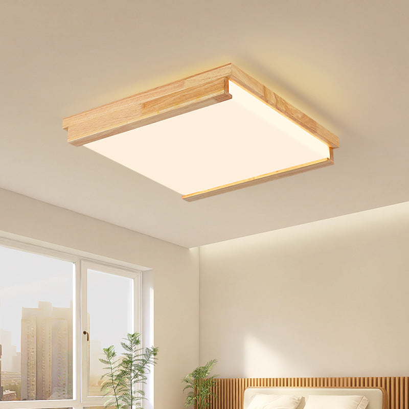 Modern Minimalist Square Rectangle Rubberwood Acrylic LED Flush Mount Ceiling Light For Bedroom