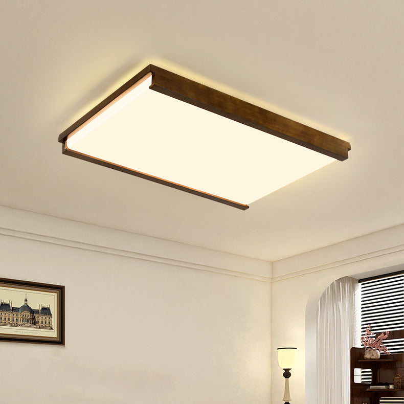 Modern Minimalist Square Rectangle Rubberwood Acrylic LED Flush Mount Ceiling Light For Bedroom