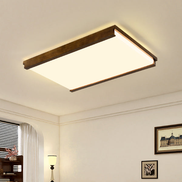 Modern Minimalist Square Rectangle Rubberwood Acrylic LED Flush Mount Ceiling Light For Bedroom