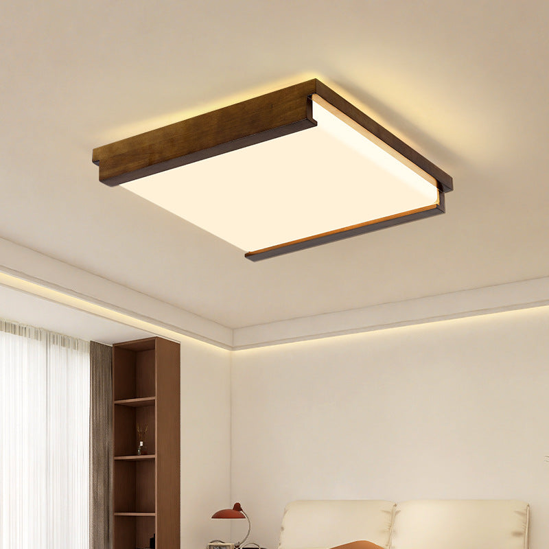 Modern Minimalist Square Rectangle Rubberwood Acrylic LED Flush Mount Ceiling Light For Bedroom