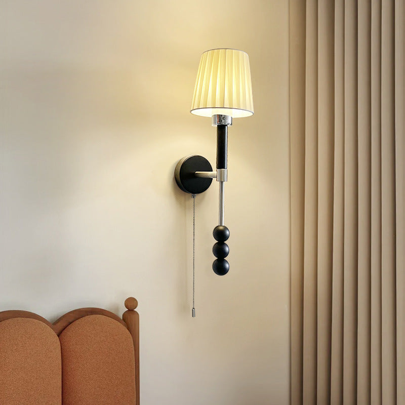 Modern Art Deco Round Cylinder Iron Wood Glass Fabric 1-Light Wall Sconce Lamp For Bedroom