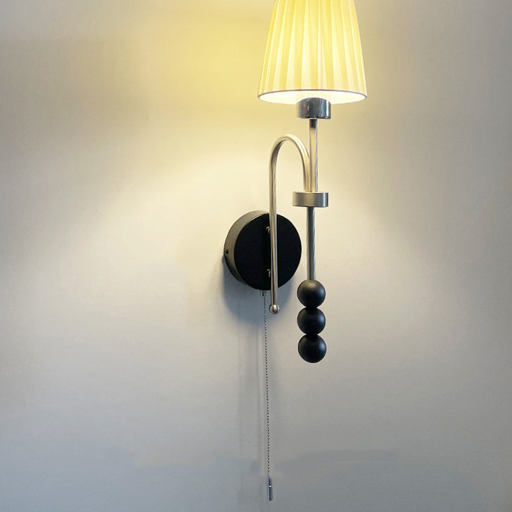 Modern Art Deco Round Cylinder Iron Wood Glass Fabric 1-Light Wall Sconce Lamp For Bedroom