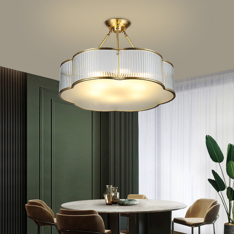 Modern Minimalist Petal Round Copper Glass 5/6 Light Semi-Flush Mount Ceiling Light For Living Room