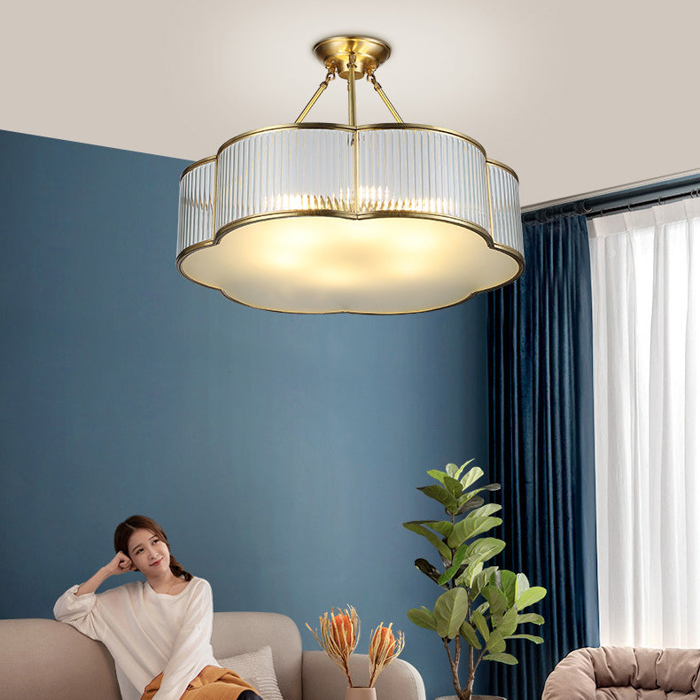 Modern Minimalist Petal Round Copper Glass 5/6 Light Semi-Flush Mount Ceiling Light For Living Room