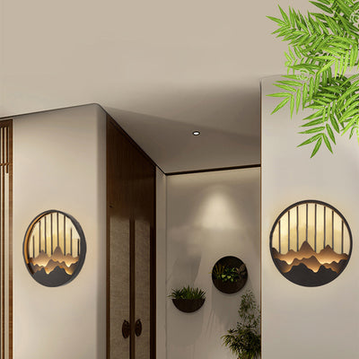 Traditional Chinese Mountain Round Iron LED Wall Sconce Lamp For Bedroom