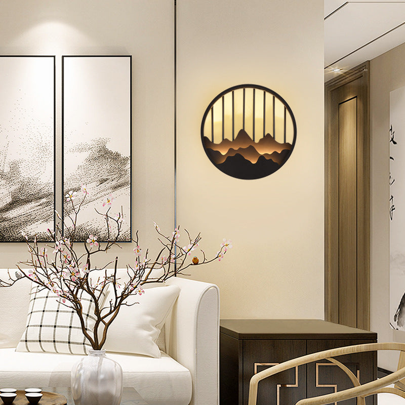 Traditional Chinese Mountain Round Iron LED Wall Sconce Lamp For Bedroom