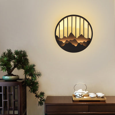 Traditional Chinese Mountain Round Iron LED Wall Sconce Lamp For Bedroom