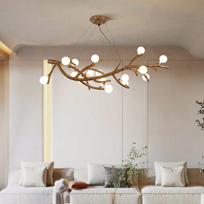 Contemporary Creative Imitation Tree Branch Shape Linear Orb Iron Resin Glass 8/10/12/16 Light Chandelier For Living Room