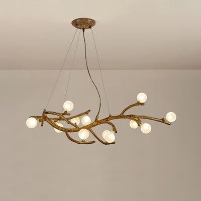 Contemporary Creative Imitation Tree Branch Shape Linear Orb Iron Resin Glass 8/10/12/16 Light Chandelier For Living Room