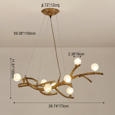 Contemporary Creative Imitation Tree Branch Shape Linear Orb Iron Resin Glass 8/10/12/16 Light Chandelier For Living Room