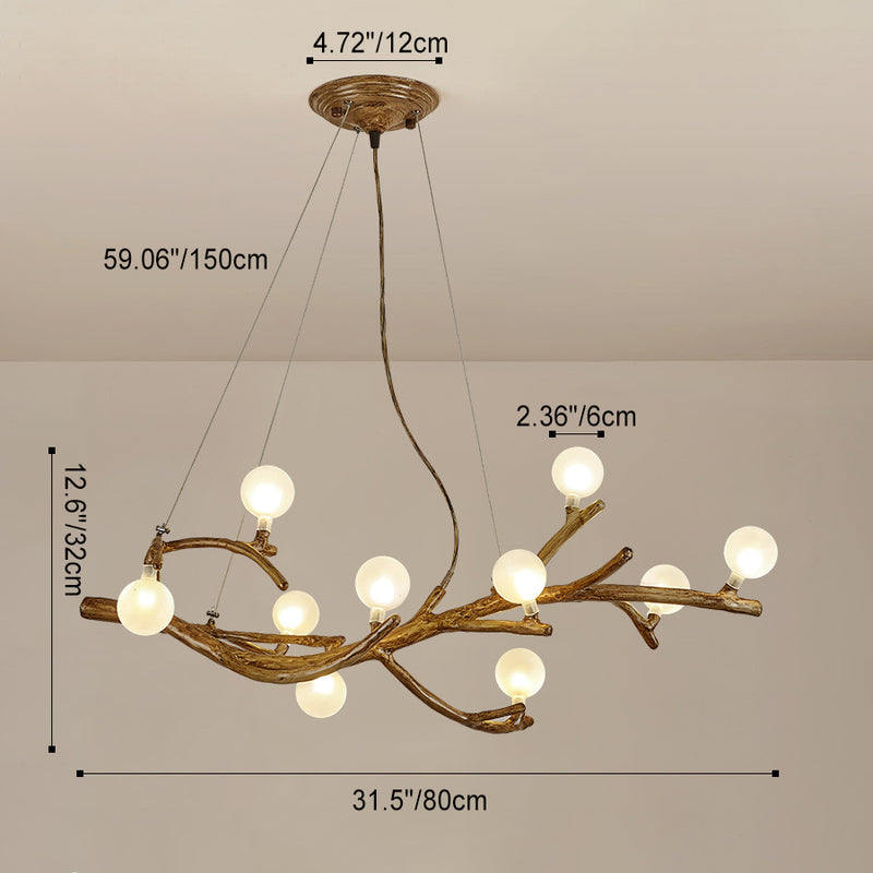 Contemporary Creative Imitation Tree Branch Shape Linear Orb Iron Resin Glass 8/10/12/16 Light Chandelier For Living Room