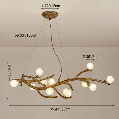 Contemporary Creative Imitation Tree Branch Shape Linear Orb Iron Resin Glass 8/10/12/16 Light Chandelier For Living Room