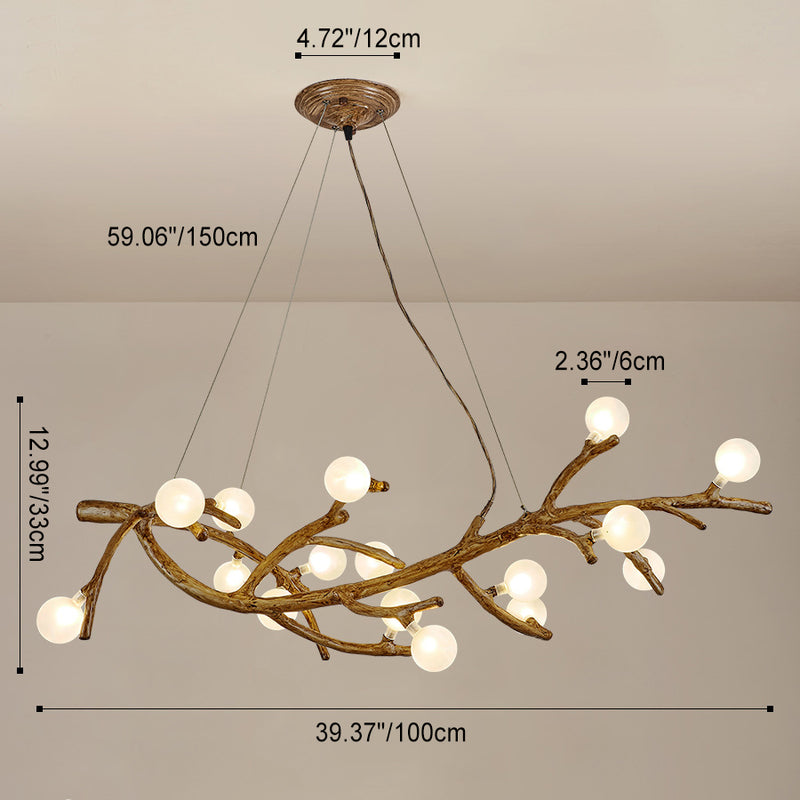 Contemporary Creative Imitation Tree Branch Shape Linear Orb Iron Resin Glass 8/10/12/16 Light Chandelier For Living Room